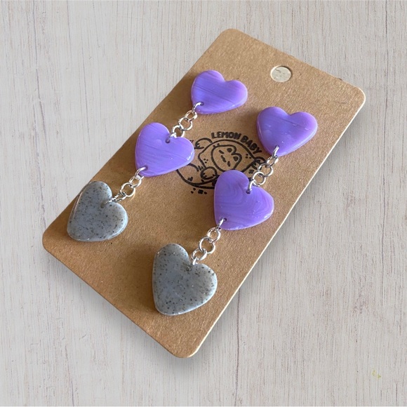 Handmade Lavender Purple and Speckled Grey Heart Drop Dangle Earrings - Picture 3 of 7